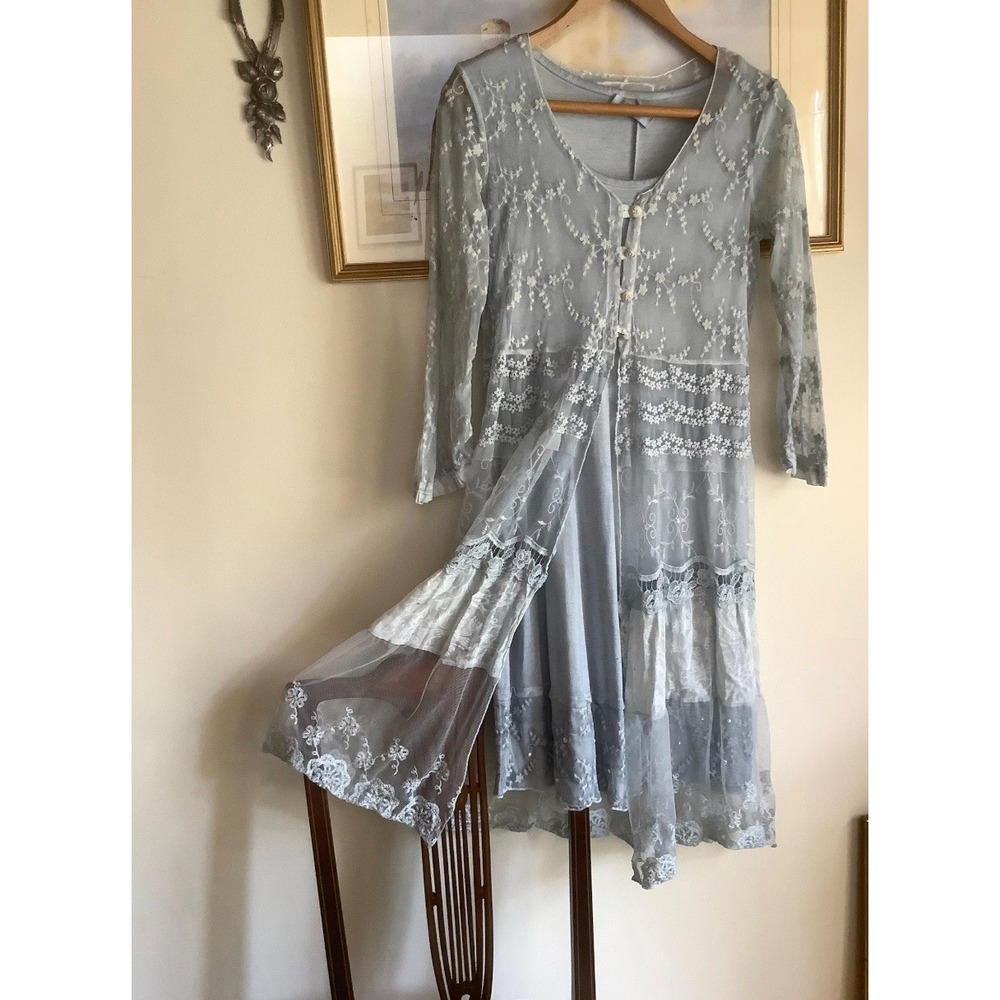 Elisa Cavaletti Club Italian Lace Tiered Midi Dress Blue Grey Floral XXL Lagenlo